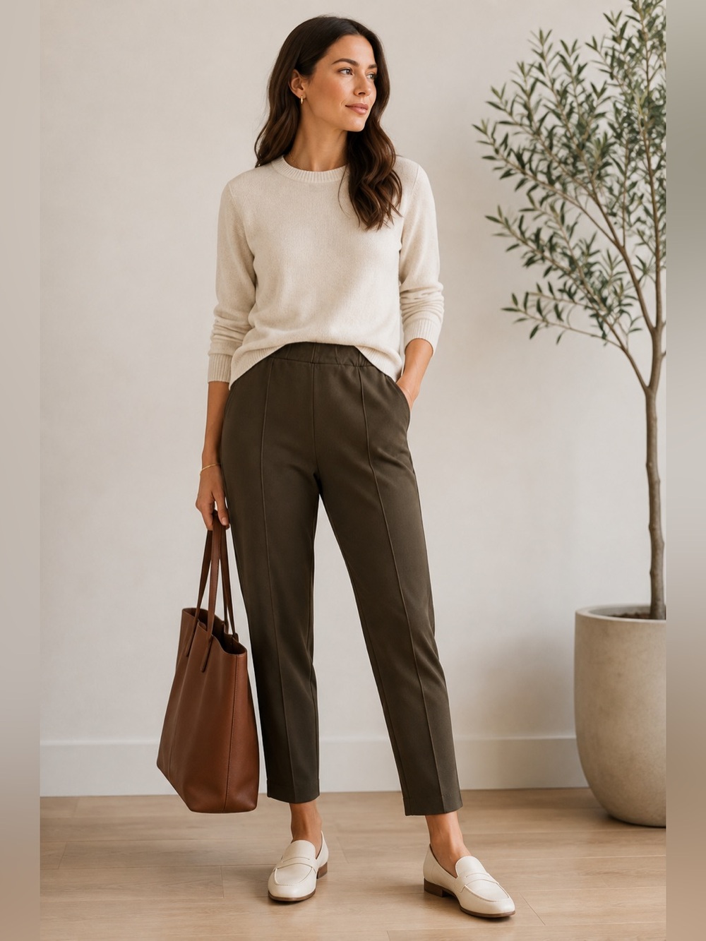 Everlane Dream Pant Medium Kalamata Olive Pull On Pintuck Work Trousers